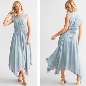 BUCKLE BLACK Cloud Gray V Neck Smocked Waist Handkerchief Midi Dress Size XL